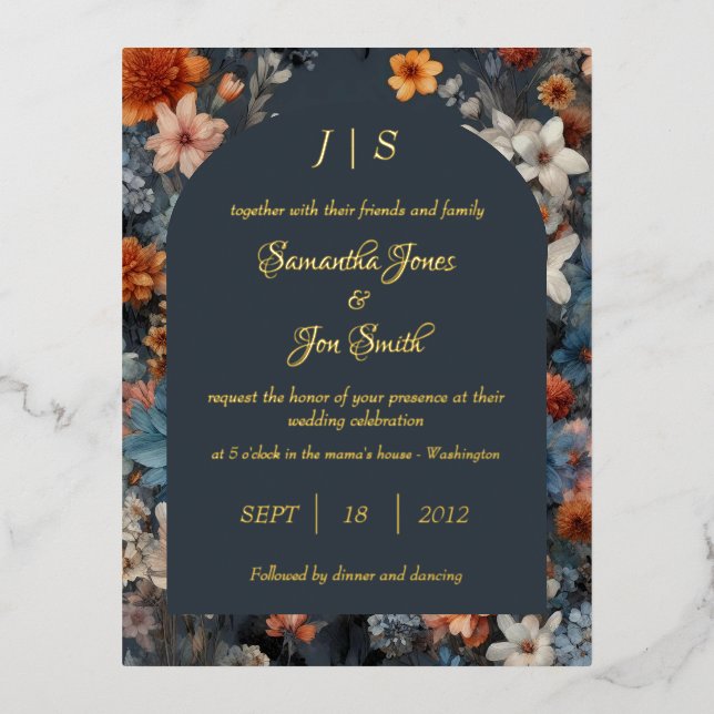 Navy blue floral wedding foil invitation postcard (Front)