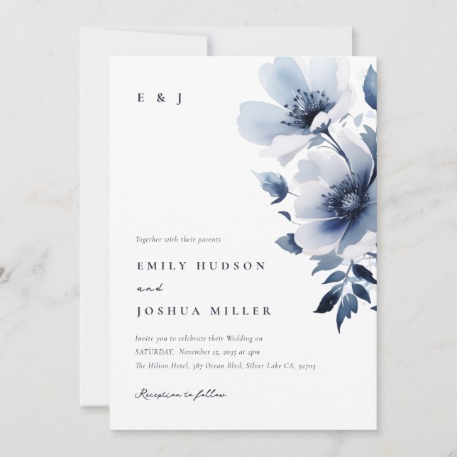 Navy Blue Floral Wedding Invitation (Front)