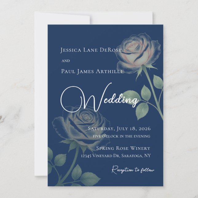 Navy Blue Floral Wedding Invitation (Front)