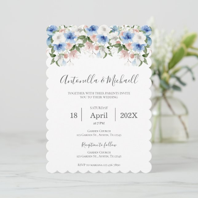 Navy Blue Floral Wedding Invitation (Standing Front)