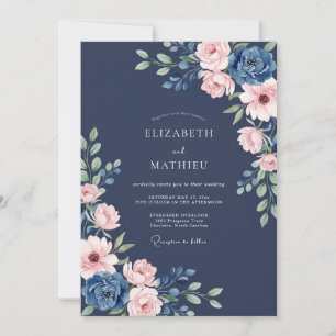 Navy Blue Floral Wedding Invitation