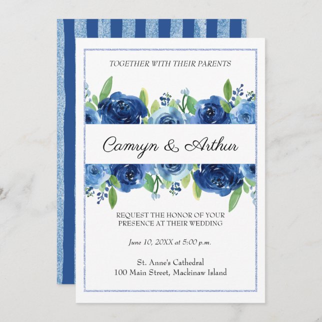 Navy Blue Floral Wedding Invitation (Front/Back)