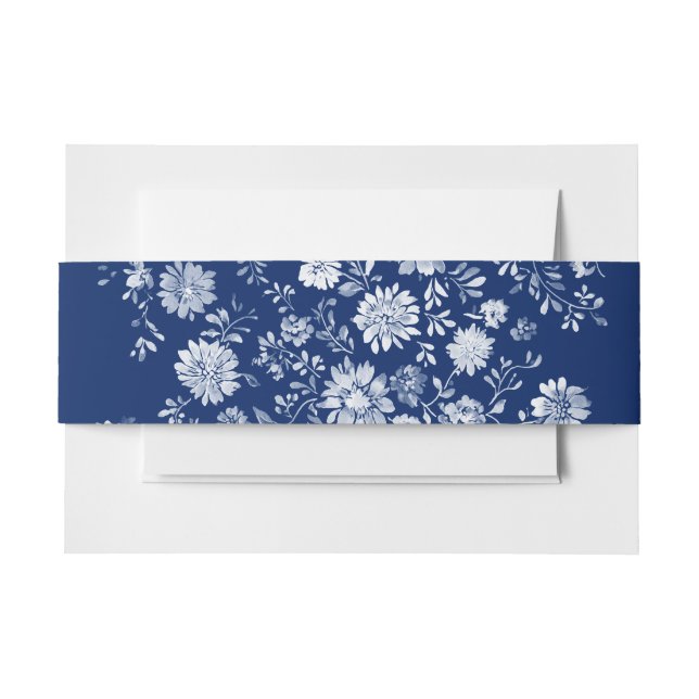Navy Blue Floral Wedding Invitation Belly Band (Front Example)