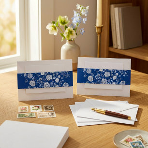 Navy Blue Floral Wedding Invitation Belly Band