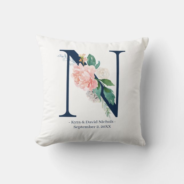 Navy Blue Floral Wedding Monogram Pillow | N (Front)