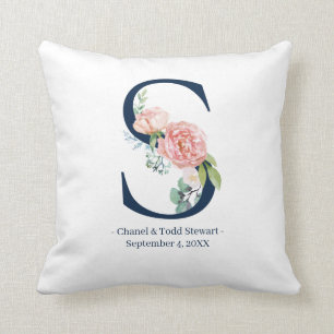 Navy Blue Floral Wedding Monogram Pillow   S