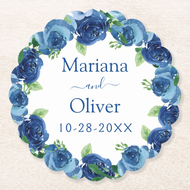 Navy Blue Floral Wedding Paper Coaster (Front)