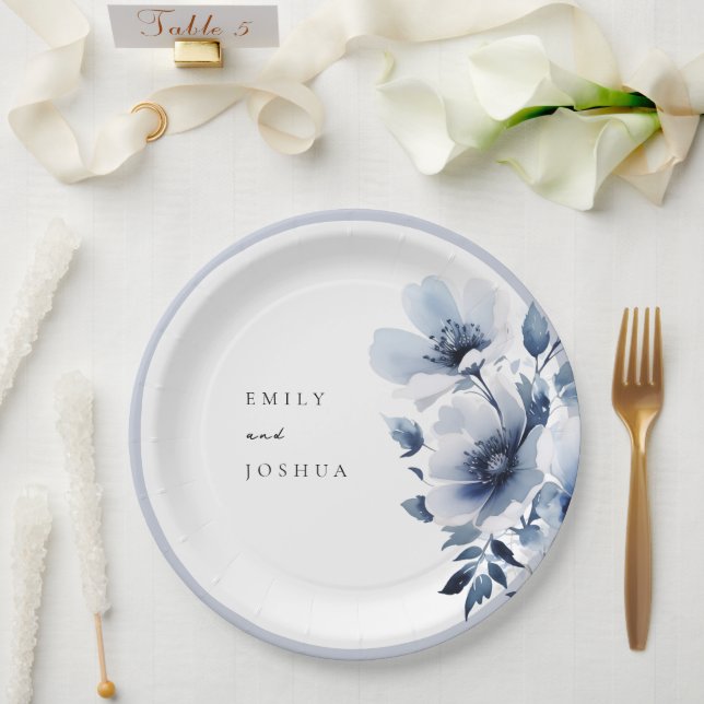 Navy Blue Floral Wedding Paper Plate (Wedding)