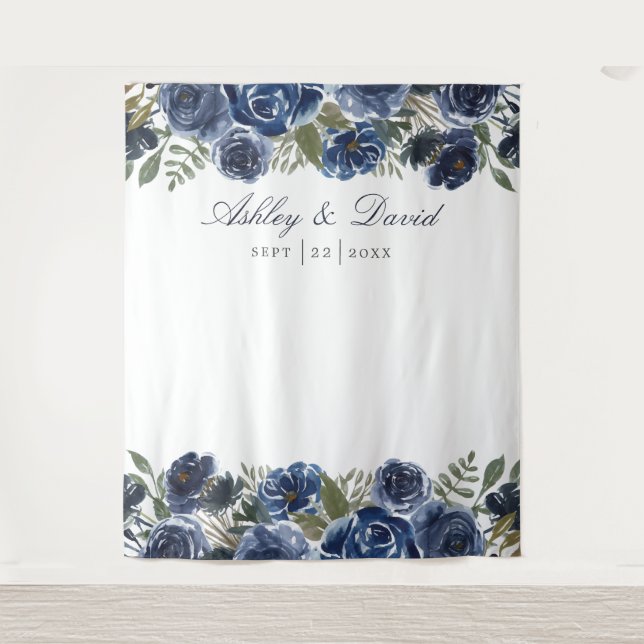 Navy Blue Floral Wedding Photo Booth Backdrop Tapestry (Front)