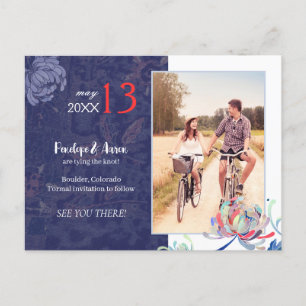 Navy Blue Floral Wedding Photo Save the Date Announcement Postcard