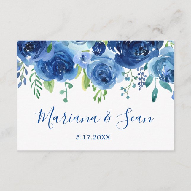 Navy Blue Floral Wedding QR Code Response Card (Front)