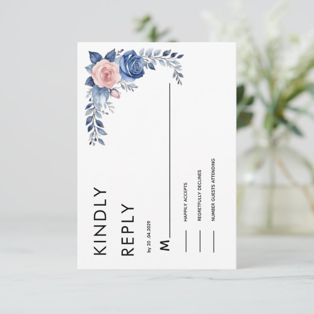 navy blue Floral Wedding RSVP Card (Standing Front)