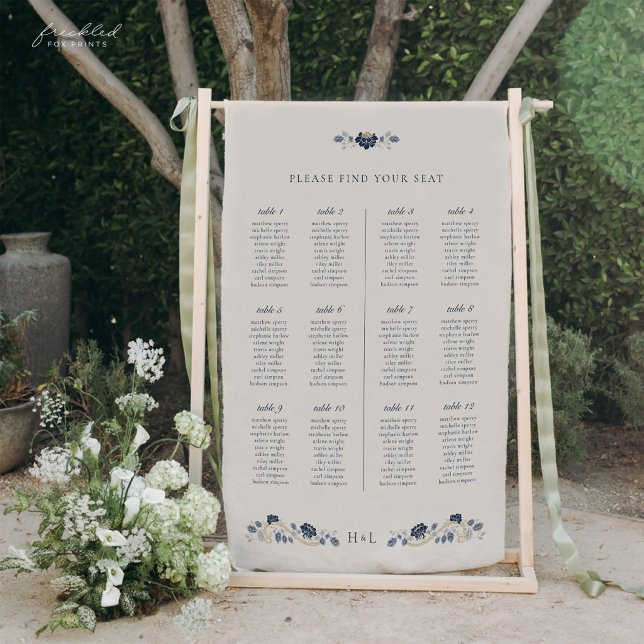 Navy Blue Floral Wedding Seating Chart Sign (Navy Blue Floral Art Nouveau Fabric Wedding Seating Chart Banner)
