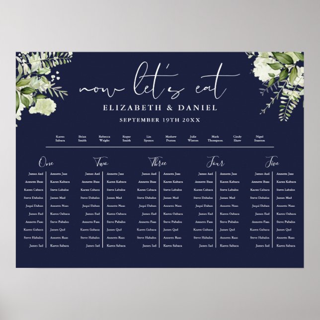 Navy Blue Floral Wedding Table Plan Seating Chart (Front)