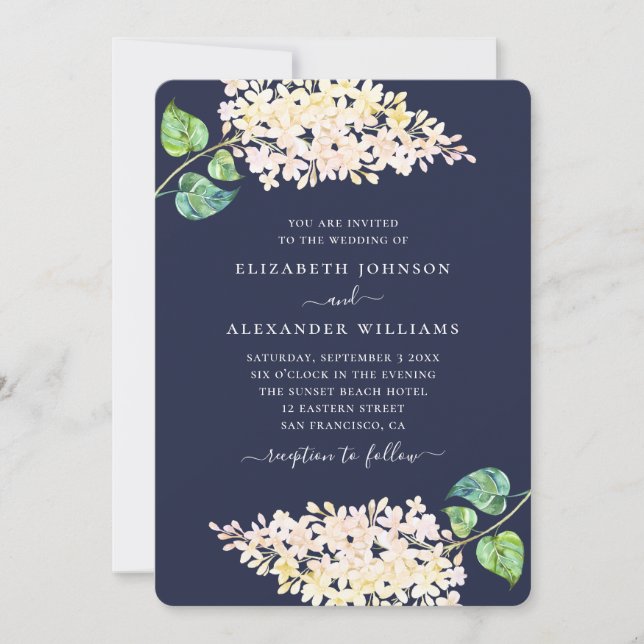Navy blue floral wedding. Watercolor lilac flowers Invitation (Front)