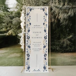 Navy Blue Floral Wedding Welcome Banner 2.5' x 8'