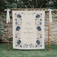 Navy Blue Floral Wedding Welcome Banner