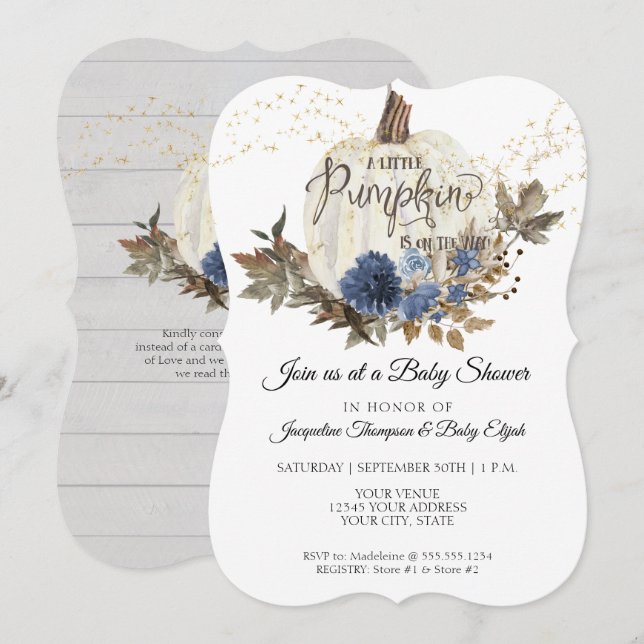 Navy Blue Floral White Wood w Pumpkin Baby Shower Invitation (Front/Back)
