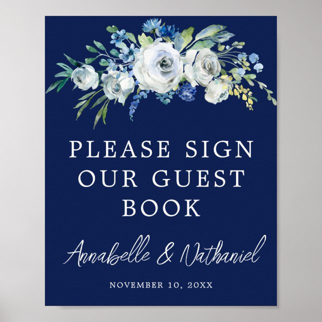 Navy Blue Floral Winter Wedding Guest Book Poster (Front)