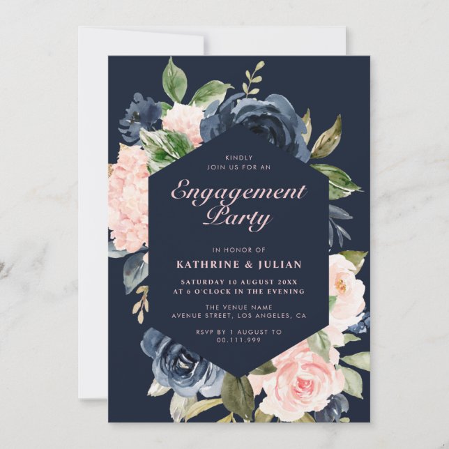 Navy blue floral wreath engagement party invitation (Front)