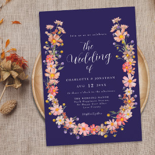 Navy Blue Floral Wreath Fall Wedding Invitation