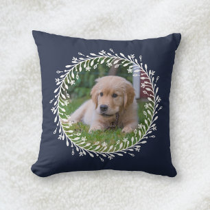 Navy Blue Floral Wreath Puppy Dog Photo Cushion