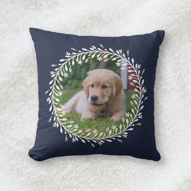 Navy Blue Floral Wreath Puppy Dog Photo Cushion (Creator Uploaded)