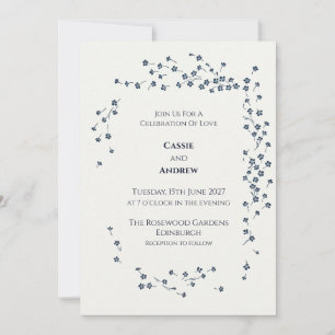Navy Blue Floral Wreath Wedding Invitation