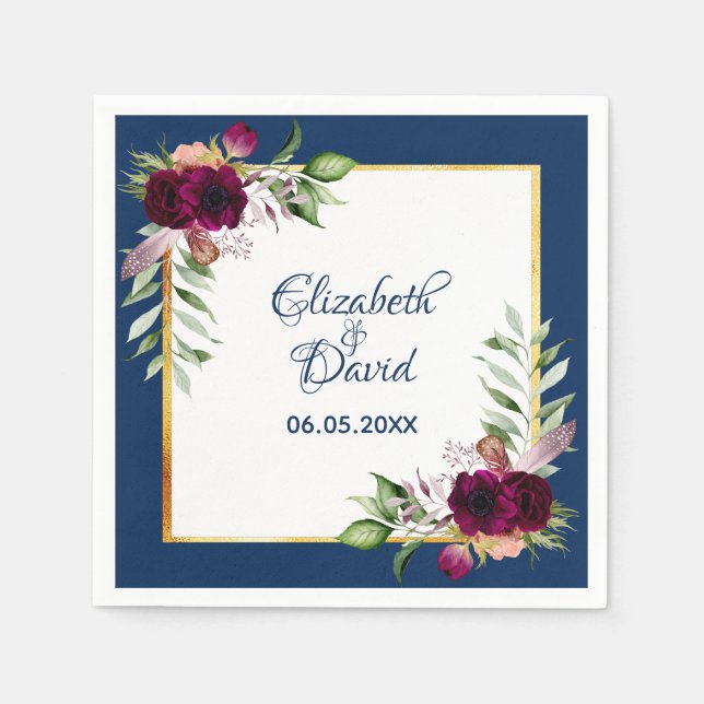 Navy blue florals burgundy boho wedding napkin (Front)