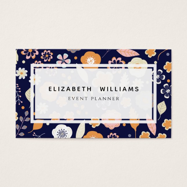 Navy Blue Florals Event Planner Business Cards (Front)