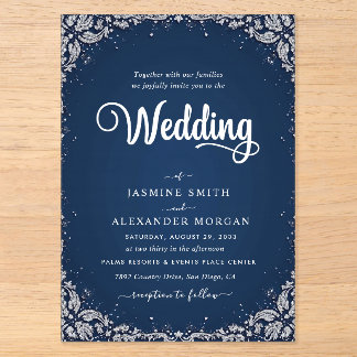 Navy Blue Florals Flowers Simple Wedding Acrylic Invitations