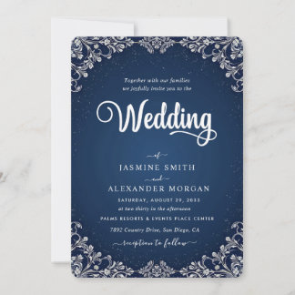 Navy Blue Florals Flowers Simple Wedding Invitation