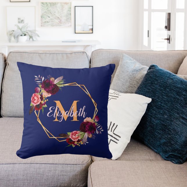 Navy blue florals gold geometric monogram name cushion (Creator Uploaded)