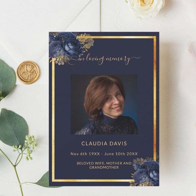 Navy blue florals gold photo funeral program card (Creator Uploaded)