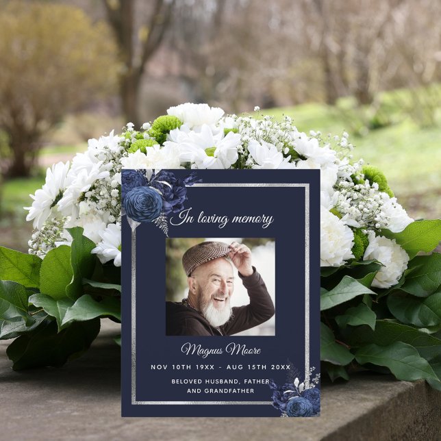 Navy blue florals silver photo funeral program (Creator Uploaded)