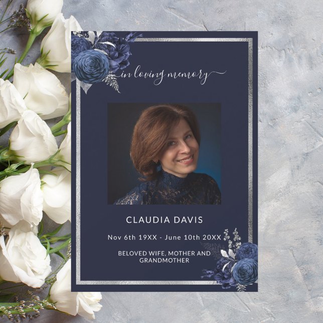 Navy blue florals silver photo funeral program card (Creator Uploaded)