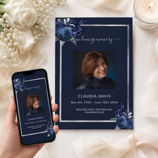 Navy blue florals silver photo funeral program invitation (Creator Uploaded)