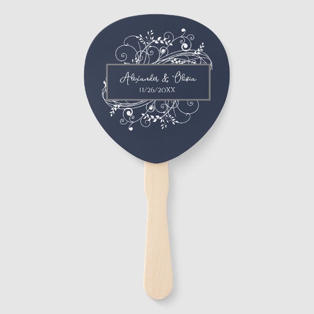 Navy Blue Flourish Wedding Favour Hand Fan (Front)
