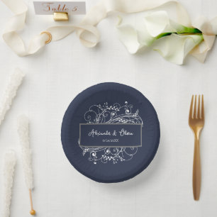 Navy Blue Flourish Wedding Shower Paper Bowls Paper Plate