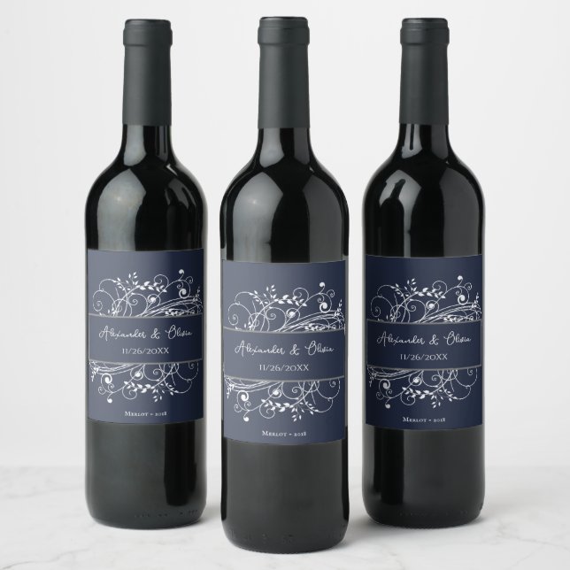 Navy Blue Flourish Wedding Wine Label (Bottles)