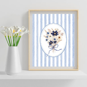 Navy Blue Flower Bouquet Floral Stripes Poster