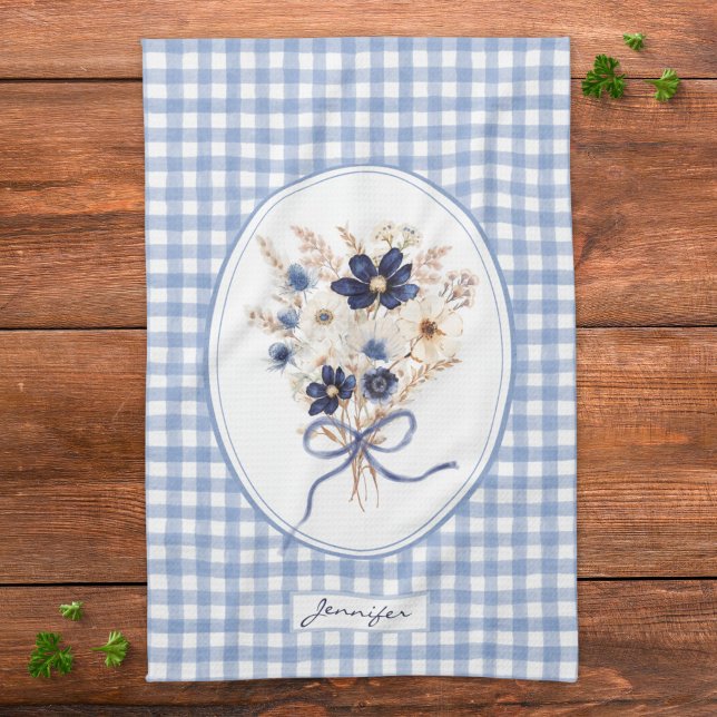 Navy Blue Flower Bouquet Gingham Personalised Tea Towel (Creator Uploaded)