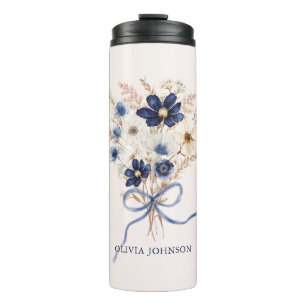 Navy Blue Flower Bouquet Personalised Floral Thermal Tumbler
