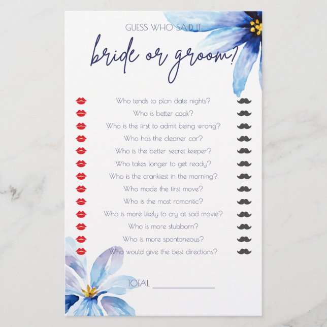 Navy blue Flower Minimalist Bridal Shower Game (Front)