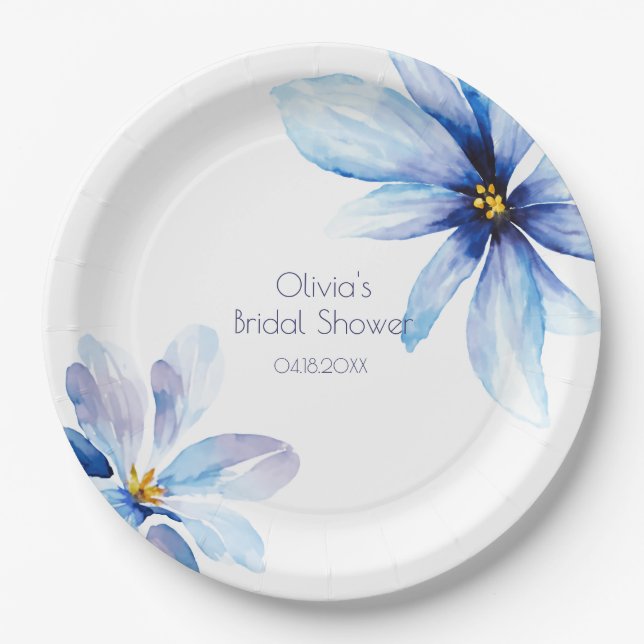 Navy blue Flower Minimalist elegant Bridal Shower Paper Plate (Front)