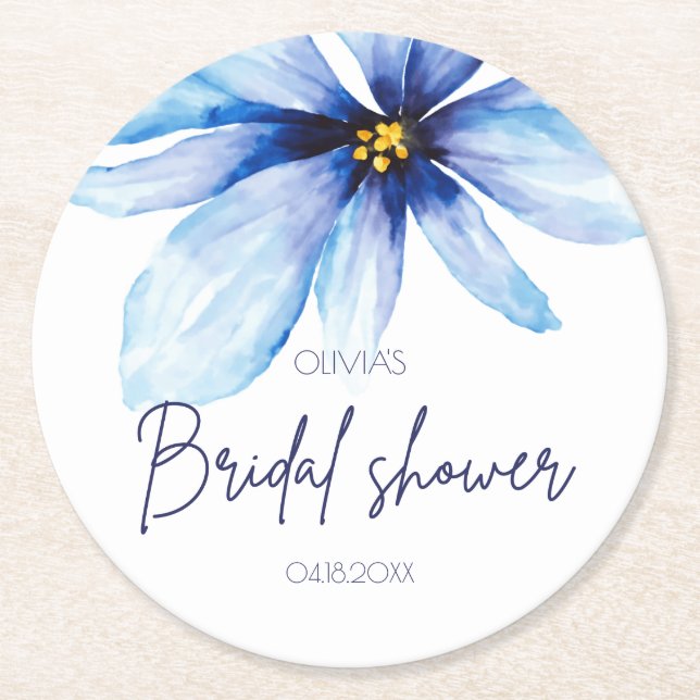Navy blue Flower Minimalist elegant Bridal Shower Round Paper Coaster (Front)