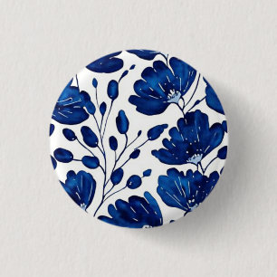 Navy blue flower pattern 3 cm round badge