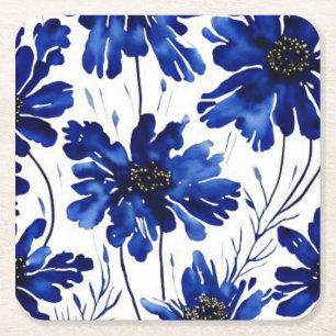 Navy blue flower pattern square paper coaster