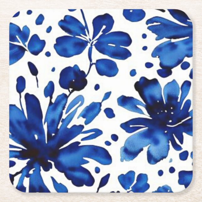 Navy blue flower pattern square paper coaster (Front)