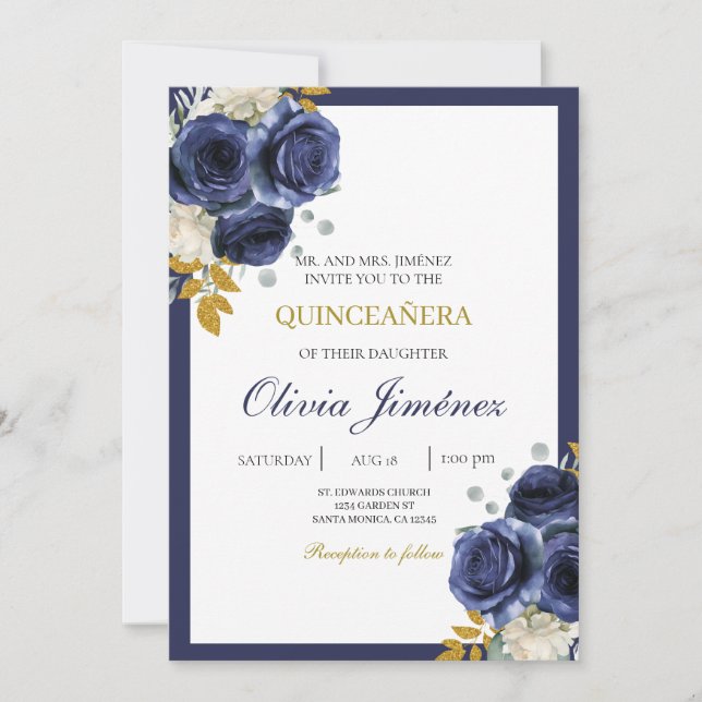 Navy blue flower quinceañera  invitation (Front)
